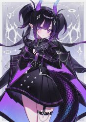  1girl aiguillette black_coat black_gloves black_hair black_jacket black_skirt black_tail buttons character_name closed_mouth coat coat_on_shoulders commentary_request double-breasted epaulettes garter_straps gloves gradient_hair hair_ornament high-waist_skirt highres horns indie_virtual_youtuber jacket lapel_chain long_hair long_sleeves looking_at_viewer multicolored_hair noah_(0noah) otose_yoi pointy_ears purple_hair purple_horns scales sidelocks single_garter_strap skirt solo standing tail thigh_strap twintails violet_eyes virtual_youtuber 