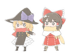  2girls black_boots black_coat black_hat black_skirt blonde_hair blush boots bow braid brown_boots brown_hair buttons chibi chibi_only coat commentary_request crossed_arms cyu_ta frilled_hair_tubes frilled_skirt frills hair_bow hair_tubes hakurei_reimu hat hat_bow kirisame_marisa long_hair long_sleeves multiple_girls purple_bow red_bow red_scarf red_shirt red_skirt scarf shirt single_braided_sidelock skirt touhou white_background white_bow white_skirt white_sleeves witch_hat yellow_scarf 