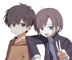  2boys arm_on_another's_shoulder black_eyes black_hair blazer commentary_request jacket kishibe_souta mahou_shoujo_ikusei_keikaku mahou_shoujo_ikusei_keikaku_f2p mahou_shoujo_ikusei_keikaku_unmarked multiple_boys open_mouth osanai_kaoru rfo_2011 smile sweat v white_background 