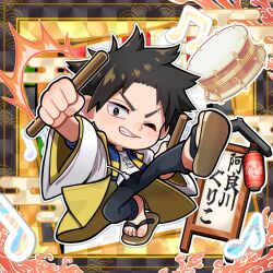  1boy akane-banashi arakawa_guriko beamed_eighth_notes black_hair chibi chibi_only clenched_hand commentary_request drum egasumi full_body haori high_kick himeshiro_(himeno_46) instrument japanese_clothes kicking lantern male_focus musical_note one_eye_closed paper_lantern sandals shirt smile spiky_hair t-shirt taiko_sticks 