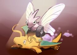  bug dragon dragon_wings dragonite dust fangs highres insect_wings lying no_humans on_stomach open_mouth pokemon pokemon_(creature) pokemon_focus run_over spotlight tearing_up textless_version tongue tongue_out twitch_plays_pokemon venomoth wheel wings xyrafhoan 
