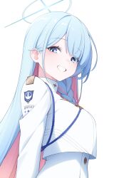  1girl absurdres astra_chichi blue_archive blue_eyes blue_hair blue_halo braid breasts colored_inner_hair commentary_request cropped_jacket from_side general_student_council_president_(blue_archive) grin halo highres jacket long_hair looking_at_viewer looking_to_the_side medium_breasts multicolored_hair pink_hair simple_background single_braid smile solo two-tone_hair white_background white_jacket 