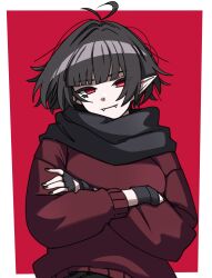  1girl absurdres ahoge black_gloves black_hair black_nails blunt_bangs bob_cut crossed_arms deadlock_(game) fangs fingerless_gloves fingernails ghuler gloves highres long_sleeves looking_at_viewer mina_(deadlock) nail_polish pointy_ears red-eye_effect red_background red_eyes red_sweater short_hair simple_background smile solo sweater upper_body vampire 
