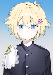  1boy alternate_costume antenna_hair artist_name basil_(faraway)_(omori) basil_(omori) blue_background blush caterpillar closed_mouth commentary double-parted_bangs ggggg27227 grey_background hair_between_eyes handkerchief highres looking_at_viewer male_focus omori school_uniform short_hair sidelocks simple_background smile solo twitter_username upper_body 