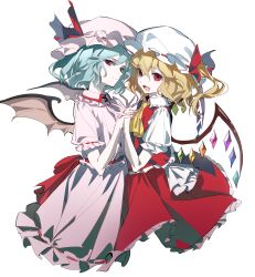  2girls :d ascot bat_wings blonde_hair blue_hair bow cropped_legs dark_skin flandre_scarlet hair_bow hat highres holding_hands interlocked_fingers long_hair mob_cap multiple_girls nun_nu one_side_up open_mouth pink_hat pink_shirt pink_skirt puffy_short_sleeves puffy_sleeves red_bow red_eyes red_skirt remilia_scarlet shirt short_hair short_sleeves simple_background skirt smile touhou white_background white_hat white_shirt wings yellow_ascot 