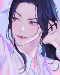  1boy baji_keisuke black_hair brown_eyes commentary_request dress_shirt fangs gusamo hair_tie hand_in_own_hair highres holding holding_hair_tie korean_commentary long_hair looking_to_the_side male_focus open_mouth shirt solo tokyo_revengers white_shirt 