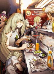  2boys 4girls absurdres andrich_galam anger_vein apron bare_shoulders black_hair black_hoodie blonde_hair braid braided_base breasts closed_eyes closed_mouth commentary_request dress eating eyewear_on_head facepaint food food_truck gladion_(pokemon) glass_bottle green_eyes guzma_(pokemon) hair_over_one_eye hat highres hood hoodie jarritos lap_pillow lillie_(pokemon) long_hair looking_at_viewer lusamine_(pokemon) mature_female mina_(pokemon) mother_and_child mother_and_daughter mother_and_son multicolored_hair multiple_boys multiple_girls night open_mouth outdoors parent_and_child pink_hair plumeria_(pokemon) pokemon pokemon_sun_and_moon ponytail ponytail_with_braided_base quad_tails sharp_teeth shirt short_hair short_sleeves sleeveless sleeveless_dress spanish_commentary sunglasses taco teeth two-tone_hair very_long_hair white_apron white_dress white_hair white_shirt yellow-framed_eyewear 
