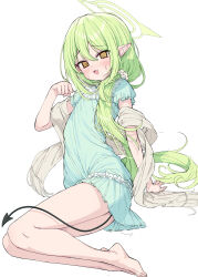  1girl :3 @_@ absurdres bare_legs barefoot black_tail blue_archive blue_nightgown blue_pajamas blush brown_scrunchie commentary demon_tail full_body green_hair green_halo grey_scrunchie grey_shawl grid_print grid_shawl hair_between_eyes hair_ornament hair_scrunchie halo highres long_hair looking_at_viewer low_side_ponytail metaljelly nightgown nozomi_(blue_archive) nozomi_(kujibikido)_(blue_archive) official_alternate_costume official_alternate_hairstyle open_mouth pajamas pointy_ears scrunchie shawl side_ponytail simple_background single_paw_pose sitting solo tail untranslatable_commentary white_background yellow_chemise yellow_eyes 