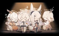  2boys 2girls :o absurdres alina_(arknights) animal_ears antlers arknights black_boots black_gloves boots cello chibi chibi_only chinese_commentary closed_eyes closed_mouth commentary_request deer_antlers deer_ears deer_girl frostnova_(arknights) full_body gloves halo highres holding holding_microphone horns instrument kreide_(arknights) leyuanzhuifang light_particles long_hair mephisto_(arknights) microphone multiple_boys multiple_girls on_stool open_mouth pants playing_instrument rabbit_ears short_hair singing sitting smile spoilers spotlight stool white_hair white_pants 
