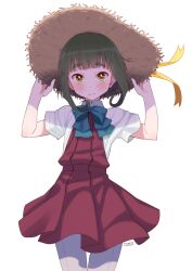  1girl blue_bow blue_bowtie blunt_bangs blush bow bowtie closed_mouth collared_shirt commentary_request dress green_hair grey_pantyhose hands_on_headwear hat highres kantai_collection looking_at_viewer pantyhose red_dress ribbon shirt short_hair short_sleeves simple_background sleeveless sleeveless_dress solo straw_hat takanami_(kancolle) totto_(naka) white_background white_shirt yellow_ribbon 