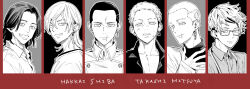  2boys age_progression border character_name closed_mouth commentary_request dirty dirty_face dress_shirt earrings glasses greyscale grin highres jacket jewelry kinoshita_neri looking_at_viewer male_focus medium_hair mitsuya_takashi monochrome multiple_boys rectangular_eyewear red_border scar scar_on_face scar_on_mouth shaved_head shiba_hakkai shirt smile tape_measure tokyo_revengers turtleneck turtleneck_shirt 