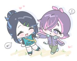  ! 2girls :d amai_niko00o arrow_(symbol) black_hair black_shirt blue_hair blush cardigan chibi chibi_only closed_eyes colored_inner_hair commentary dot_(pokemon) full_body green_pants hair_bun hair_ornament hair_over_one_eye hairclip half-closed_eyes headphones headphones_around_neck heart highres holding_hands hood hoodie liko_(pokemon) long_sleeves looking_at_another multicolored_hair multiple_girls open_mouth pants parted_lips pokemon pokemon_(anime) pokemon_horizons purple_hair shirt shorts sidelocks sleeveless sleeveless_hoodie sleeves_past_fingers sleeves_past_wrists smile speech_bubble spoken_exclamation_mark untranslatable_commentary violet_eyes walking white_shorts yuri 