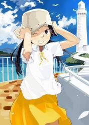  1girl bird black_eyes black_hair blush child clouds commentary_request day hat lighthouse long_hair looking_at_viewer ocean one_eye_closed original seagull sky solo summer sunlight twintails wind yukihiroyuki 