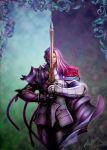  armor arondight berserker_(fate/zero) black_eyes cape dual_persona fate/zero fate_(series) full_armor hakueil helmet long_hair male purple_hair solo sword weapon 