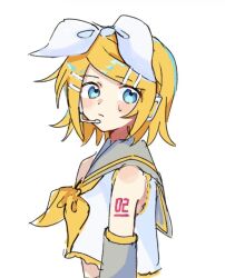  1girl blonde_hair blue_eyes bow breasts commentary_request detached_sleeves grey_sailor_collar grey_sleeves hair_bow hair_ornament hairclip headphones headset kagamine_rin looking_at_viewer misosiru_co neckerchief number_tattoo parallel_hairclips sailor_collar shirt short_hair simple_background sketch sleeveless sleeveless_shirt small_breasts tattoo upper_body vocaloid white_background white_bow white_shirt yellow_neckerchief yellow_trim 