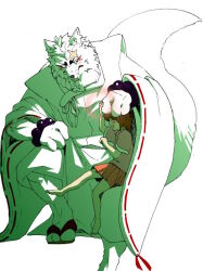  1boy 1girl animal_ears animal_nose bead_bracelet beads bracelet brown_hair closed_eyes commentary_request fox_boy fox_ears fox_tail furry furry_male gingitsune_(ochiai_sayuri) gintarou_(gingitsune) greyscale japanese_clothes jewelry kame2010 looking_at_viewer makeup male_focus monochrome pink_shirt saeki_makoto sandals shirt short_hair simple_background sitting_on_another's_knee size_difference skirt smile tail white_background 