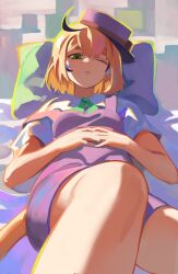  1girl absurdres ahoge bed blonde_hair blue_overalls commentary dooby green_eyes green_neckerchief hechium highres indie_virtual_youtuber jerboa_tail looking_at_viewer multicolored_hair neckerchief on_bed one_eye_closed overalls pillow short_hair sleepy streaked_hair virtual_youtuber 