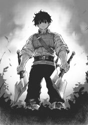  1boy ankle_boots armor axe battle_axe belt belt_buckle boots breastplate buckle buttons closed_mouth collared_shirt commentary_request dagger dual_wielding fantasy feet_out_of_frame greyscale hair_between_eyes harten harten_(character) highres holding holding_axe jun_(navigavi) knife knife_sheath looking_at_viewer male_focus monochrome no_pupils outdoors pants sheath sheathed shirt shirt_tucked_in short_hair sleeves_rolled_up solo standing toned toned_male veins veiny_hands weapon 