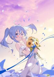  1girl absurdres ahoge arahashi_tabi artist_request bare_shoulders blue_eyes blue_hair blue_petals blue_ribbon bouquet commentary_request dress evening falling_petals feet_out_of_frame floating_hair flower from_side grin heart heart_ahoge highres holding holding_bouquet korean_commentary looking_at_viewer looking_to_the_side medium_hair off-shoulder_dress off_shoulder outdoors petals purple_sky ribbon second-party_source sideways_glance sky smile solo standing stellive straight_hair sunflower twintails virtual_youtuber white_dress yellow_flower yellow_sky 