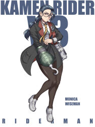 1girl asymmetrical_bangs bag black_coat black_skirt blue_hair blunt_bangs brown_eyes brown_pantyhose character_name closed_mouth coat collared_shirt commentary copyright_name full_body glasses highres hook_hand invisible_floor jinri_shijie kamen_rider kamen_rider_v3_(series) long_hair long_sleeves looking_at_viewer multi-tied_hair necktie pantyhose pencil_skirt pendant_earrings rider-tan rider_belt riderman shirt shoes shoulder_bag simple_background skirt solo standing standing_on_one_leg tie_clip tokusatsu white_background white_shirt white_shoes yellow_necktie 