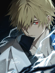  1boy artist_name black_background blonde_hair collarbone commentary dated electricity english_commentary guilty_gear guilty_gear_strive hair_between_eyes hair_over_one_eye highres honey_dogs jacket jacket_on_shoulders ky_kiske looking_at_viewer red_eyes shaded_face short_hair slit_pupils solo upper_body white_jacket 