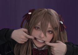  1girl absurdres black_cardigan bow bowtie broken_heart broken_heart_hair_ornament brown_hair cardigan collared_shirt commentary evil_neuro-sama evil_neuro-sama_(1st_costume) finger_in_own_mouth hair_between_eyes hair_ornament hair_ribbon heart heart_hair_ornament highres long_hair long_sleeves looking_at_viewer nose photorealistic purple_background realistic red_bow red_bowtie red_eyes red_ribbon ribbon shirt signature solo sulwyn_vt teeth untranslatable_commentary upper_body vedal_ai virtual_youtuber white_shirt 