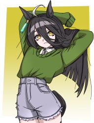  1girl absurdres ahoge animal_ears black_choker black_hair blue_shorts choker collared_shirt commentary cowboy_shot earrings english_commentary ghuler gradient_background green_sweater hair_between_eyes highres horse_ears horse_girl horse_tail jewelry long_bangs long_hair long_hair_between_eyes long_sleeves looking_at_viewer manhattan_cafe_(umamusume) multicolored_hair shirt shorts simple_background single_earring sleeves_past_fingers sleeves_past_wrists solo sweater sweater_tucked_in tail umamusume white_hair white_shirt yellow_eyes 