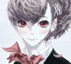  1girl black_jacket blush bow brown_hair cherry_blossoms close-up collared_shirt foggy0000 gekkoukan_high_school_uniform hair_between_eyes hair_ornament highres jacket lips looking_at_viewer persona persona_3 persona_3_portable portrait red_bow red_eyes school_uniform shiomi_kotone shirt short_hair simple_background single_tear smile teardrop tears white_shirt 