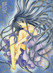  1girl artist_name bare_arms barefoot black_hair blue_background blue_dress blue_eyes closed_mouth color_ink_(medium) dress fetal_position full_body looking_at_viewer original sleeveless sleeveless_dress solo suzumame traditional_media 