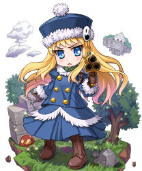  1girl aiming blonde_hair blue_coat blue_eyes blue_hat brown_gloves buttons character_hat_ornament clouds coat commentary_request deformed fbs-fenril floating_castle fur-trimmed_coat fur-trimmed_headwear fur-trimmed_sleeves fur_trim gloves grass gunner_(sekaiju) gunner_2_(sekaiju) hat highres jack_frost_(megami_tensei) juliet_sleeves long_hair long_sleeves looking_at_viewer mushroom open_mouth pom_pom_(clothes) puffy_sleeves rock sekaiju_no_meikyuu sekaiju_no_meikyuu_2 solo standing tree triangle_mouth upwards_triangle_mouth v-shaped_eyebrows white_background 