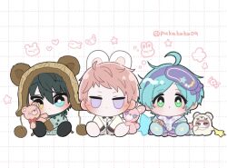  3boys ahoge animal_ears at_home_(ensemble_stars!) bear_ears blue_eyes blue_hair bow bowtie bright_pupils candy chibi closed_mouth commentary croissant ensemble_stars! extra_ears eye_mask fish food grid_background hair_ornament hairclip hat heart itsuki_shu kagehira_mika layered_clothes long_sleeves looking_at_viewer male_focus mani_(pukakaka09) mask multiple_boys official_alternate_costume open_mouth rabbit_ears shinkai_kanata short_hair sitting star_(symbol) stuffed_animal stuffed_rabbit stuffed_toy teddy_bear teddy_bear_(ensemble_stars!) twitter_username untranslatable_commentary v-neck valkyrie_(ensemble_stars!) white_pupils yellow_eyes 