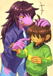  +++ 1girl 1other amber_graygamma androgynous arm_up black_pants black_shirt blue_pants blush brown_hair cheek_poking clenched_teeth collared_shirt colored_sclera colored_skin colored_teeth commentary cowboy_shot deltarune denim fingernails freckles furry furry_female green_sweater hand_on_another's_head hand_up height_difference highres holding_another's_wrist jeans kris_(deltarune) lizard_tail long_fingernails long_hair long_sleeves looking_at_viewer no_eyes one_eye_closed open_mouth pants poking purple_shirt purple_skin reptile_girl shaded_face sharp_fingernails sharp_teeth shirt sidelocks signature smile snout striped_clothes striped_sweater susie_(deltarune) sweater tail teeth torn_clothes torn_pants untranslatable_commentary utdr_(toby_fox) v-shaped_eyebrows violet_eyes white_shirt yellow_background yellow_sclera yellow_skin yellow_teeth 