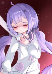  1girl ahoge azur_lane black_sailor_collar black_scrunchie blush cardigan closed_mouth commentary_request hair_flaps hand_on_another's_shoulder highres long_hair open_mouth red_background sailor_collar sakamarujp scrunchie solo tears twitter_username unicorn_(azur_lane) unicorn_(long-awaited_date)_(azur_lane) very_long_hair violet_eyes white_cardigan 
