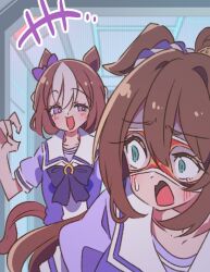  2girls among_us animal_ears blue_eyes blush bow bowtie braid breasts brown_hair commentary_request crazy_smile domino_mask ear_bow ear_ribbon ear_scrunchie el_condor_pasa_(umamusume) evil_smile eye_mask hair_between_eyes half_up_braid honkawa_works horse_ears horse_girl horse_tail long_hair mask multicolored_hair multiple_girls open_mouth pakatube ponytail puffy_short_sleeves puffy_sleeves purple_bow purple_bowtie purple_shirt sailor_collar sailor_shirt school_uniform shaded_face shirt short_hair short_sleeves smile special_week_(umamusume) sweatdrop tail tracen_school_uniform two-tone_hair umamusume violet_eyes white_hair white_sailor_collar 