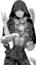  1girl age_comparison aged_up animal_ears black_hood cat_girl commentary contrapposto cowboy_shot dual_persona english_commentary final_fantasy final_fantasy_xiv freckles gloves goggles goggles_on_head greyscale grin hair_between_eyes hand_on_own_hip highres hood hood_down jamjamstyle light_blush lips low_twintails miqo'te monochrome neckerchief pants projected_inset puffy_sleeves short_hair slit_pupils smile suspender_pants tail three-quarter_sleeves twintails v visna_(ff14) white_background 