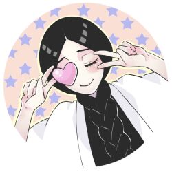  1girl anno_im black_hair bleach braid closed_eyes commentary_request dutch_angle haori heart japanese_clothes long_hair single_braid smile solo star_(symbol) taichou_haori twin_braids unohana_retsu upper_body white_haori 