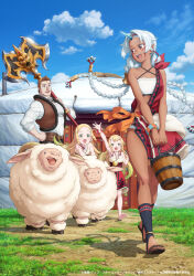  1boy 3girls :d alna artist_request axe ayhan barefoot battle_axe blonde_hair blue_hair blue_horns blue_sky blunt_sidelocks braid braided_sidelocks brown_hair brown_vest center-flap_bangs child collared_shirt commentary_request copyright_notice dark-skinned_female dark_skin day dias_(the_frontier_lord_begins_with_zero_subjects) double-sided_axe dress elf facial_hair fur-trimmed_dress fur-trimmed_vest fur_trim gradient_hair grass green_eyes green_hair hairband hand_on_own_hip highres horns jewelry long_hair long_sleeves looking_at_another looking_back moon_(ornament) multicolored_hair multiple_braids multiple_girls muscular muscular_male necklace official_art open_mouth outdoors over_shoulder parted_bangs pointy_ears polearm ryoumin_0-nin_start_no_henkyou_ryoushu-sama senai sheep shirt siblings sidelocks single_horn sisters sky smile standing strapless strapless_dress twins two-tone_hair vest walking waving weapon weapon_over_shoulder white_shirt yurt 
