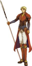  1boy armor blonde_hair boots breastplate brown_boots clenched_hands fire_emblem fire_emblem:_the_sacred_stones full_body glen_(fire_emblem) leg_armor looking_to_the_side official_art pants red_armor serious short_hair solo transparent_background wada_sachiko white_pants 