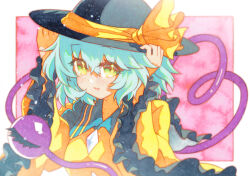  1girl black_hat blush bow buttons collared_shirt diamond_button disembodied_linked_eye eyeball frilled_shirt_collar frilled_sleeves frills green_eyes green_hair hat hat_bow heart heart_of_string highres komeiji_koishi long_sleeves looking_at_viewer open_mouth rinka_(qqqrinkappp) shirt solo touhou traditional_media upper_body wide_sleeves yellow_bow yellow_shirt 