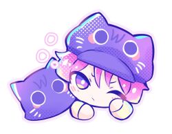  1boy animal_hat blunt_ends blush bright_pupils casual cat cat_hat choppy_bangs circle_hands closed_mouth contemporary genshin_impact hat head_tilt looking_at_viewer male_focus newsboy_cap official_alternate_costume one_eye_closed pastel_colors pink_hair purple_cat purple_hat scaramouche_(cat)_(genshin_impact) scaramouche_(genshin_impact) tsurime violet_eyes vivivovo wanderer_(fairy_tale_cat)_(genshin_impact) wanderer_(genshin_impact) white_background white_pupils white_sleeves 