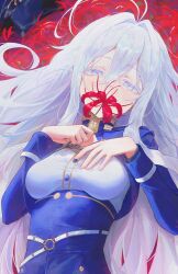  1girl 86_-eightysix- absurdres antenna_hair blue_jacket breasts commentary_request flower flower_on_mouth grey_eyes grey_hair hair_between_eyes hair_intakes hat high-waist_skirt highres jacket kaze_22 korean_commentary long_hair long_sleeves looking_at_viewer lying medium_breasts military_hat military_jacket military_uniform on_back skirt solo spider_lily unworn_hat unworn_headwear vladilena_millize 