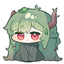  1girl blush_stickers braid chibi chibi_only closed_mouth commentary_request double-parted_bangs eldr_(trickcal) full_body green_hair green_hoodie hair_between_eyes highres hood hood_down hoodie horns korean_commentary leaf leaf_on_head long_hair long_sleeves looking_at_viewer pogpagwaeng red_eyes sidelocks simple_background sitting sleeves_past_fingers sleeves_past_wrists solo thick_eyebrows tree_horns trickcal twin_braids very_long_hair white_background 