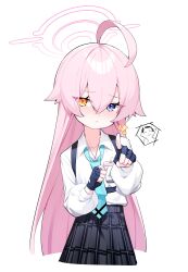  1boy 1girl absurdres ahoge black_gloves black_skirt blue_archive blue_eyes blue_necktie blush closed_mouth collared_shirt commentary_request cowboy_shot doodle_sensei_(blue_archive) fingerless_gloves gloves hair_between_eyes hair_flaps halo heterochromia highres honi_(honi1010) hoshino_(blue_archive) huge_ahoge id_card long_hair long_sleeves looking_at_viewer necktie nose_blush pink_hair pink_halo plaid_clothes plaid_skirt pleated_skirt pointing puffy_long_sleeves puffy_sleeves school_uniform sensei_(blue_archive) shirt shirt_tucked_in simple_background skirt solo_focus very_long_hair white_background white_shirt yellow_eyes 