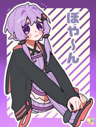  1girl absurdres ahoge black_jacket black_shoes blush_stickers border closed_mouth commentary_request criss-cross_halter diagonal-striped_background double-parted_bangs dress full_body hair_between_eyes hair_intakes halterneck highres hinohari_(user_wzxk7585) jacket knees_up long_sleeves open_clothes open_jacket outline outside_border purple_background purple_border purple_dress purple_hair purple_thighhighs shoes short_dress short_hair_with_long_locks sitting sleeves_past_wrists solo striped_background striped_clothes striped_dress striped_thighhighs thigh-highs translation_request vertical-striped_clothes vertical-striped_dress vertical-striped_thighhighs violet_eyes vocaloid voiceroid white_outline yuzuki_yukari zettai_ryouiki 