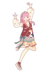  1girl \m/ absurdres arm_up bird blue_bow blue_hairband blunt_bangs bow bow_button braid brown_eyes chinese_clothes chinese_commentary cloud_print commentary_request dress dress_bow duck duck_earrings duck_print earrings eyelashes frilled_dress frills full_body go_go_duck_(shining_nikki) hairband happy highres jewelry leg_up long_hair long_sleeves low_twin_braids multicolored_shoes nikki_(series) ofuda_earrings one_eye_closed open_mouth pinafore_dress pink_hair print_dress print_thighhighs puffy_long_sleeves puffy_sleeves red_dress red_shoes shanfengzhu shining_nikki shirt shoes short_dress simple_background single_stripe sleeve_bow sleeveless sleeveless_dress smile sneakers solo standing striped_clothes striped_hairband tachi-e tareme thigh-highs twin_braids two-tone_shoes wave_print white_background white_shirt white_shoes white_thighhighs yellow_bow 