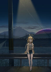  1girl absurdres against_railing bandaid_on_chest bare_legs blonde_hair breasts brown_camisole camisole collarbone commentary_request denim denim_shorts flip-flops full_body guard_rail hair_ornament hair_tubes hairclip hairpods highres lamppost long_hair looking_at_phone low-tied_long_hair midfinger night open_mouth outdoors phoenix_reffaella phone power_lines railing rural sandals shirt short_shorts shorts single_bare_shoulder small_breasts solo utility_pole yellow_eyes yellow_shirt zenless_zone_zero 