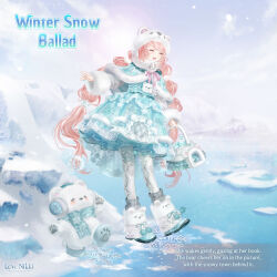  1girl ^_^ animal animal_ear_headwear animal_ear_legwear animal_ears argyle_clothes argyle_pantyhose artist_request basket beanie bear bear_ears bear_hat blue_boots blue_capelet blue_dress blue_ribbon blue_sky boots bow bowtie capelet character_name cliff closed_eyes clothed_animal clouds colored_petticoat copyright_logo day dot_nose dress earflap_beanie english_text footwear_ribbon full_body fur-trimmed_capelet fur-trimmed_dress fur-trimmed_sleeves fur_scarf fur_trim grey_sleeves hair_ornament hair_through_headwear hair_tie happy hat holding holding_basket lace-trimmed_leg_warmers leaning_forward leg_warmers light_particles logo long_hair loose_hair_strand low-tied_long_hair low_twintails miracle_nikki multi-tied_hair nikki_(series) ocean official_art open_mouth outdoors pantyhose paw_print petticoat pink_bow pink_bowtie pink_hair polar_bear pom_pom_(clothes) pom_pom_hair_ornament print_capelet print_dress ribbon scarf short_dress sky smile snow snowflake_print solo striped_clothes striped_pantyhose sun third-party_source twintails vertical-striped_clothes vertical-striped_pantyhose white_hat white_leg_warmers white_pantyhose white_scarf winter_clothes winter_snow_ballad_(miracle_nikki) 