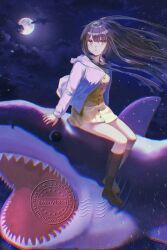  1girl animal black_hair black_socks brown_eyes closed_mouth clouds commentary dress english_commentary floating_hair full_moon grey_jacket hair_between_eyes hood hood_down hooded_jacket jacket long_hair moon night no_shoes original outdoors riding riding_animal shark sky socks solo very_long_hair watermark xinta yellow_dress 