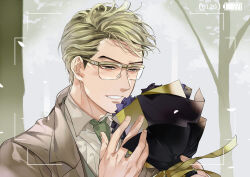  1boy blonde_hair bouquet closed_mouth coat commentary_request dress_shirt get3 glasses kisaki_tetta male_focus necktie shirt smile snowing solo tokyo_revengers viewfinder 