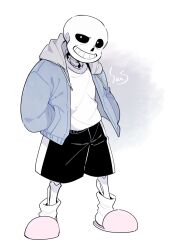  1boy 2023 2d black_shorts blue_jacket character_name digital_media drawstring english_text full_body gradient_background grey_background grey_hood hands_in_pockets hollow_eyes hood hood_down hooded_jacket humanoid jacket legs_apart long_sleeves looking_at_viewer male male_focus male_only miya31 monster monster_boy open_clothes open_jacket pink_slippers sans_(undertale) shirt shorts simple_background single_vertical_stripe skeleton slippers socks solo standing striped_clothes striped_shorts teeth text two-tone_background undead undertale utdr_(toby_fox) vertical-striped_clothes vertical-striped_shorts white_background white_shirt white_socks white_stripes 